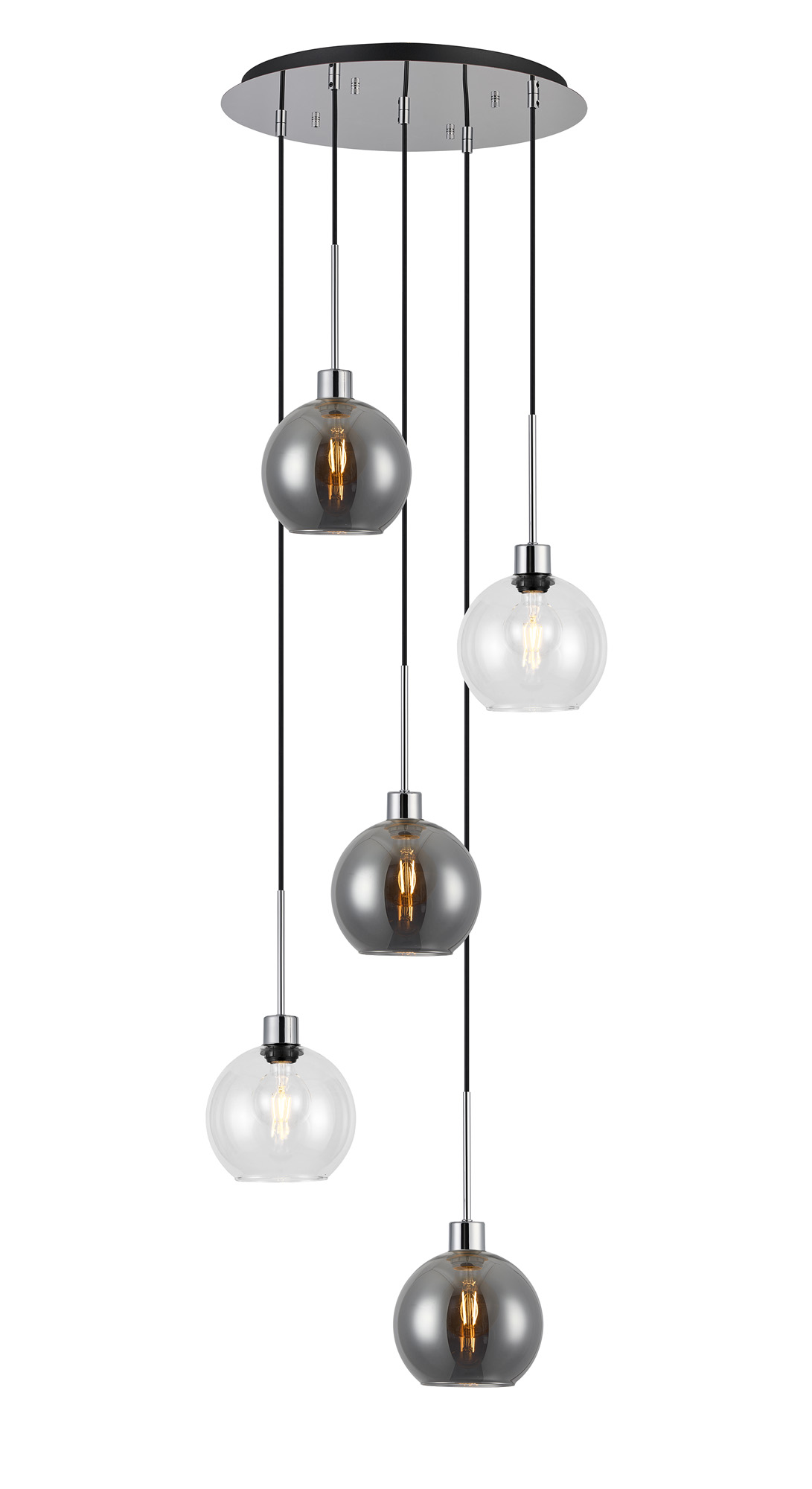 DK1288  Lori 45cm Round Pendant, 5 Light Adjustable E27, Polished Chrome/Clear/Smoke Open Mouth Round Globe Shades